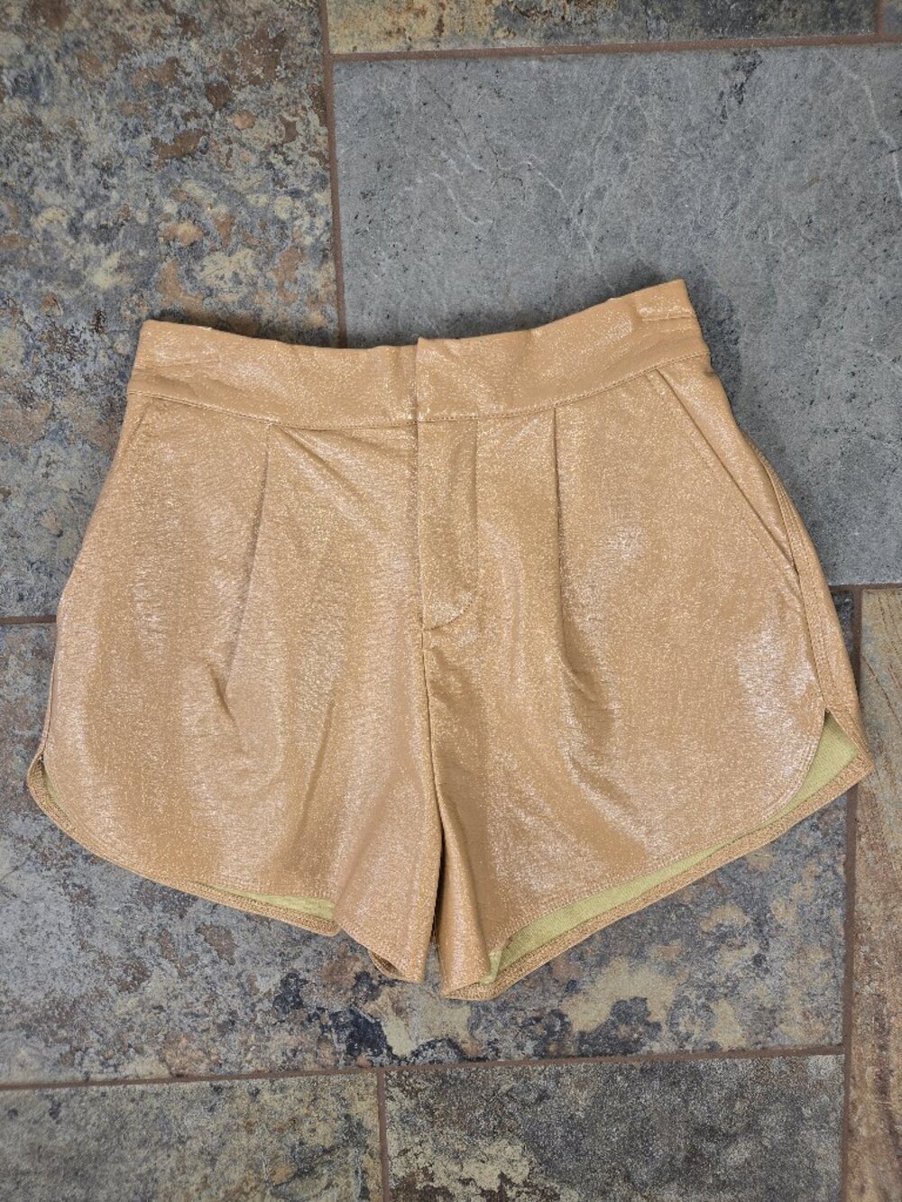 Grey Lab Size XS Tan Faux Leather Shorts Zipper Front Elastic Back Waist Pockets